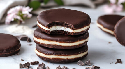 "Chocolate-Covered Donut with a White Center: Sweet Treat Close-Up"

