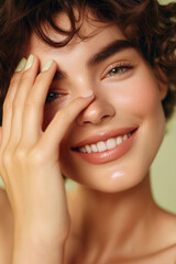 Fototapeta premium Her joyful expression reflects a moment of pure happiness with an engaging smile. 