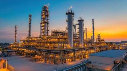 Obraz premium Illuminated petrochemical plant at sunset.
