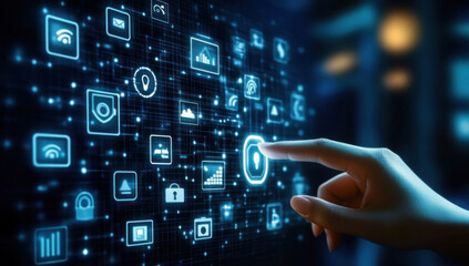 Fototapeta premium Hand touching a digital screen with icons of technology and online network connection, cloud storage, or security system on a dark blue background. 