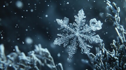 Fototapeta premium A close-up view of a snowflake amidst a snowy background, showcasing its intricate design.