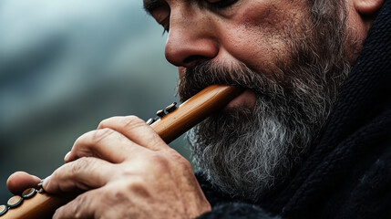 Bearded man playing shepherd flute close-up	