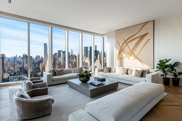 Beige sofa and armchair in a modern living room with a panoramic window, herringbone wooden floor
