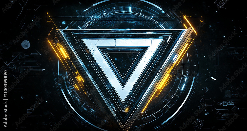 Poster Futuristic glowing triangle design with intricate patterns and digital elements at night