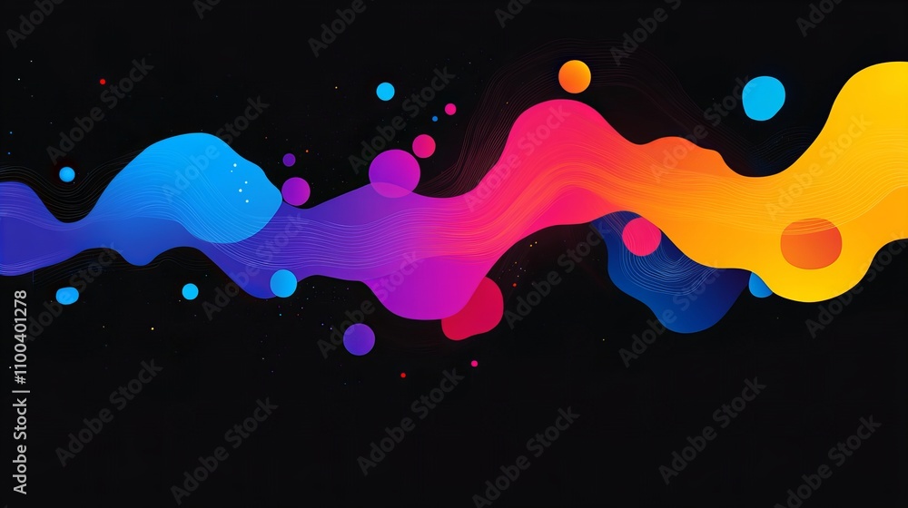 Poster abstract colorful wave on black background with vibrant circles and flowing lines.