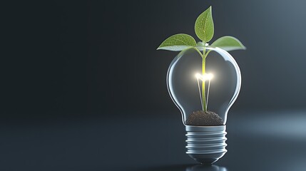 A glowing light bulb with a small plant growing inside, representing sustainable innovation,
