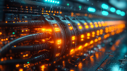 Close-up of illuminated data server cables in a technology data center
