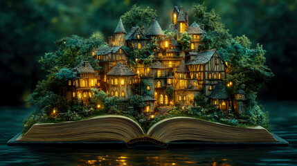 Obraz premium A magical village emerges from the pages of an open book, illuminated windows shining in the dark, surrounded by lush greenery and calm water