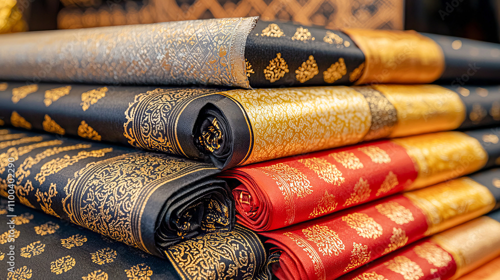 Poster luxurious gold and red fabric rolls with intricate patterns