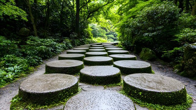 A path of green stepping stones leading into a dense forest, showing a journey toward sustainability,