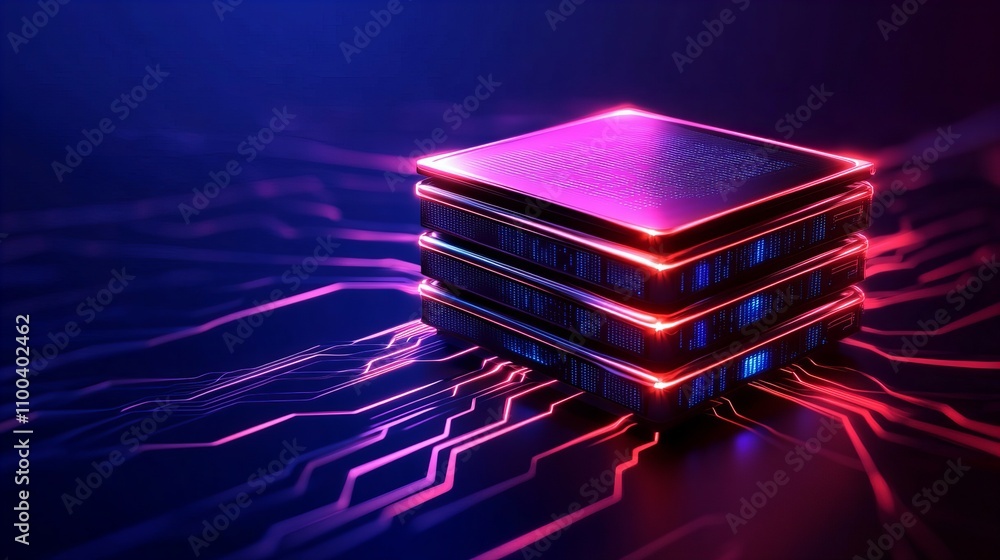 Poster futuristic processor stack with neon lights on a circuit board background.