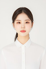 Asian young female in white shirt with brown hair and neutral expression