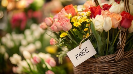 Obraz premium A vibrant display of colorful flowers in a basket is highlighted by a sign reading free. The arrangement features a mix of roses, tulips, and daisies, perfect for any occasion.