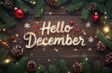 Christmas decorations with the text "Hello December" written on a wooden background, featuring a color theme of red and white Generative AI