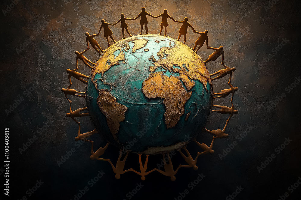 Poster a globe surrounded by figures symbolizes unity and highlights global connection