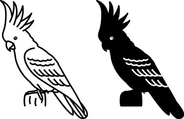 Obraz premium Cockatoo Icons. Black and White Vector Illustration. Tropical Parrot, Bird. For Coloring Book Design. Domestic Animals Concept