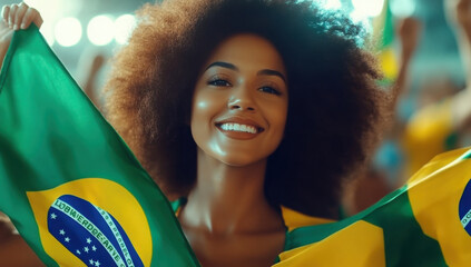 Happy young girl football fan celebrating her team victory. Latino woman with Brazil flag laughing and smiling. Celebration of Independence Day, Labor Day, Proclamation of the Republic
