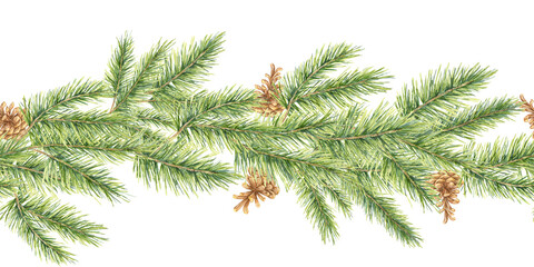 Watercolor pine branches with pine cones, creating a seamless and versatile border clipart. Ideal for seasonal merchandise, such as mugs, stickers, or banners, adding a nature-inspired element