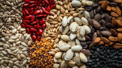 Obraz premium Various types of seeds displayed together, representing the potential and growth in diversity, minimalistic photography style