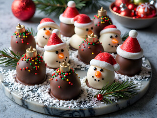 Cheerful holiday treats  cute snowman and santa cake pops on a marble tray, photography of food art concept.