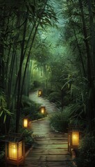 Naklejka premium Mystical Bamboo Forest Path with Lantern Glow for Serene and Tranquil Design Inspirations