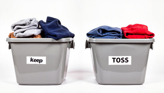 Sorting bins labeled 'Keep' and 'Toss' filled with colorful clothing