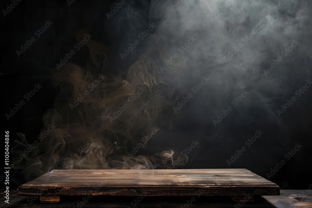 Poster empty wooden table with smoke on dark background for product display.