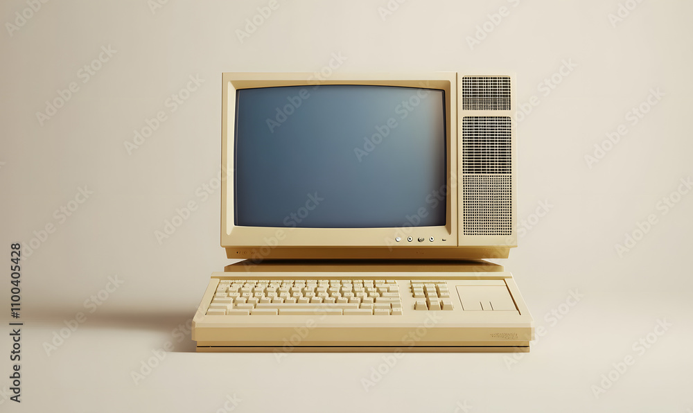 Poster retro 1990s style beige desktop pc computer and monitor screen and keyboard. 3d illustration.