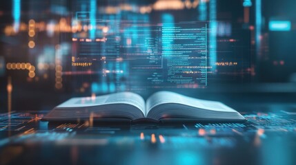 Fototapeta premium Open Book with Holographic Data Projections: The Fusion of Knowledge and Technology