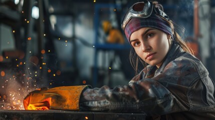Skilled Female Welder in Action: Capturing Dedication and Craftsmanship in Industrial Workshop