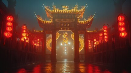 Fototapeta premium A mystical gateway adorned with lanterns and dragons, evoking cultural celebration.