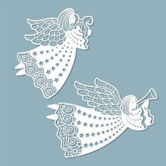 Set of Angels. Template for laser cutting from paper, cardboard, wood, metal. For the design of Christmas and New Year decorations, Christmas tree toys, postcards, stickers, stencils, etc. Vector