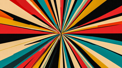 Fototapeta premium Abstract geometric burst with vibrant converging stripes in red, yellow, and teal