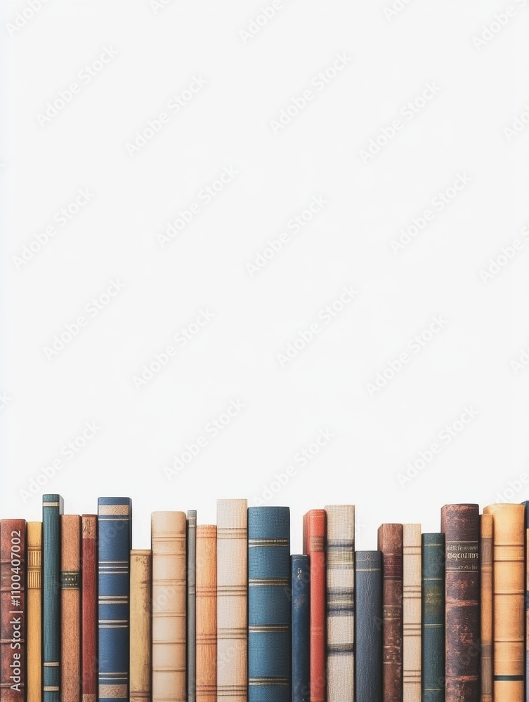 Poster a collection of diverse books is neatly aligned on a white backdrop, showcasing different colors and
