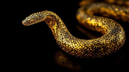 Fototapeta premium A gold colored snake is shown in a black background