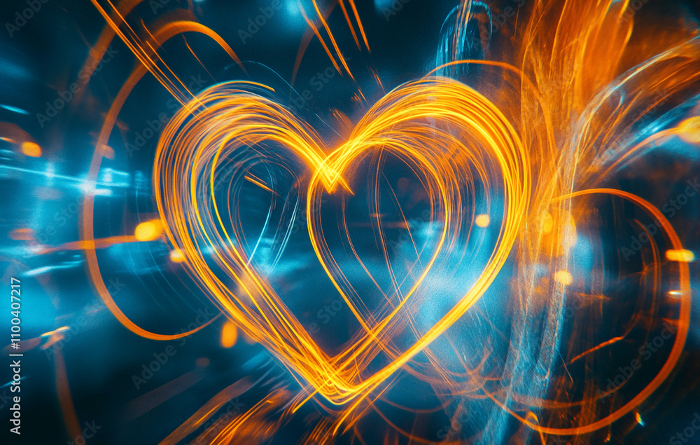 Poster Vibrant heart shape illuminated with bright colors in a dynamic light display during a nighttime event