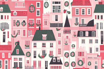 Fototapeta premium A charming repeating pattern of Parisian buildings in red and white, adorned with festive wreaths and holiday decorations for a cozy winter and Christmas ambiance.”