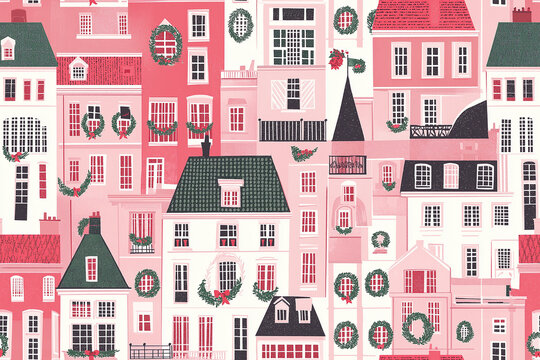A charming repeating pattern of Parisian buildings in red and white, adorned with festive wreaths and holiday decorations for a cozy winter and Christmas ambiance.&rdquo;