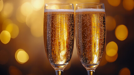 Two fluted glasses filled with sparkling beverage create a festive atmosphere with a soft golden bokeh backdrop, perfect for celebration moments