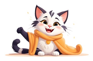 Obraz premium a 2D cartoon illustration of a happy cat stretching cozy and cute white background 