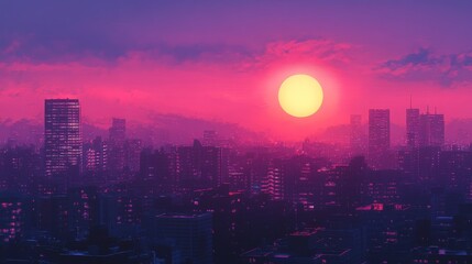 Fototapeta premium Cityscape at Sunset with a Large Yellow Sun