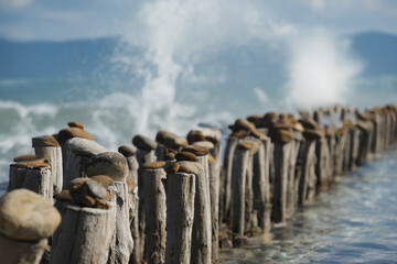 Stone men at a lake for relaxation and meditation