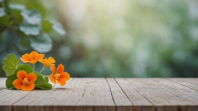 Orange nasturtium flowers on rustic wood board mockup table surface with soft bokeh garden outdoor background