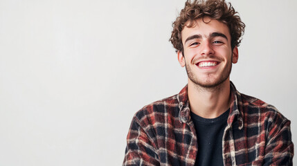 Fototapeta premium Smiling young caucasian male with curly hair wearing checkered shirt