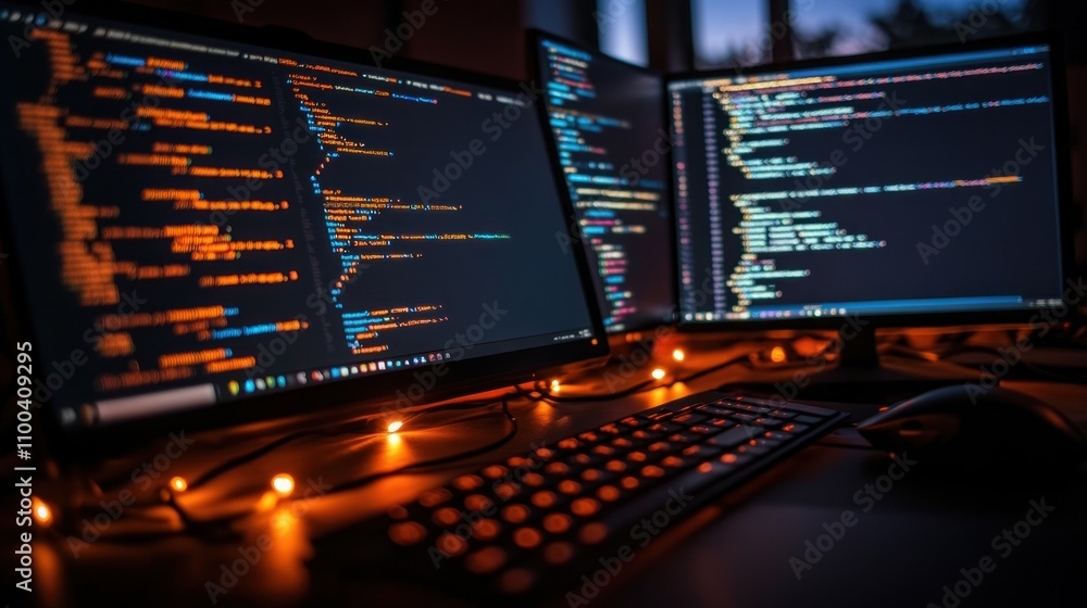 Poster night coding workspace with dual monitors and illuminated keyboard in artistic arrangement