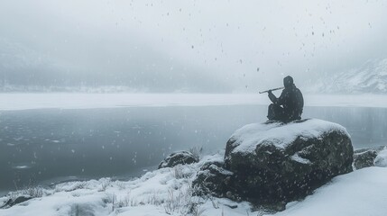 Naklejka premium A solitary figure plays a flute on a snowy rock by a tranquil lake in a misty landscape.