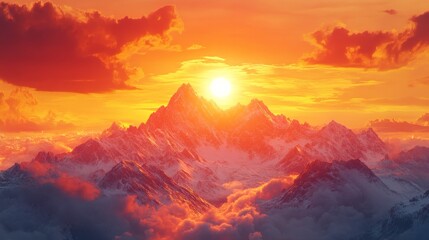 Fiery Sunset Over Snowcapped Mountain Peaks