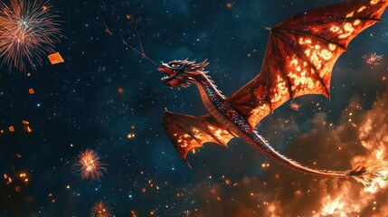 A fiery dragon soars through a starry sky, surrounded by fireworks and smoke.