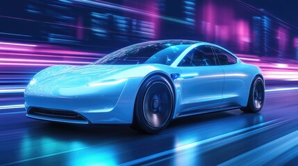 Naklejka premium Futuristic Electric Car Speeding Through Neon-Lit Urban Streets at Night