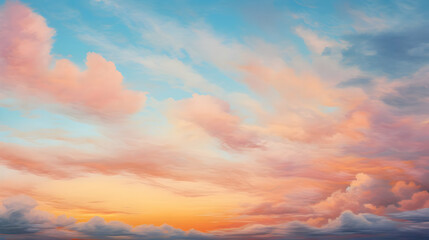 Fototapeta premium Pastel-colored clouds fill the sky at sunset, creating a serene and dreamy atmosphere. The soft hues of pink, orange, and blue blend seamlessly, offering a breathtaking view.